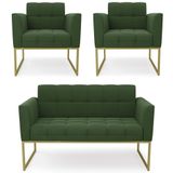 Sofá Namoradeira E 2 Poltronas Base Industrial Dourado Ana Suede Verde - Ibiza