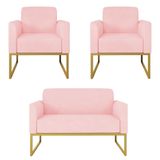 Kit Namoradeira E 2 Poltronas Decorativas Base Industrial Dourada Maressa S19 Suede Rosa Bebê - Ibiza