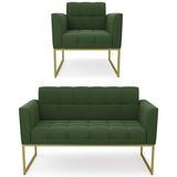 Sofá Namoradeira E 1 Poltrona Base Industrial Dourado Ana Suede Verde - Ibiza