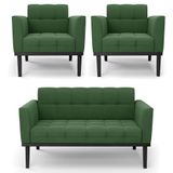 Sofá Namoradeira E 2 Poltronas Base Madeira Preto Ana Suede Verde - Ibiza