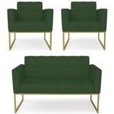 Sofá Namoradeira E 2 Poltronas Base Industrial Dourado Ana Veludo Luxo Verde - Ibiza