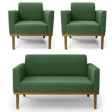 Sofá Namoradeira E 2 Poltronas Base Madeira Castanho Maressa Suede Verde - Ibiza