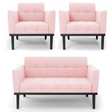 Sofá Namoradeira E 2 Poltronas Base Madeira Preto Ana Suede Rosa Bebê - Ibiza
