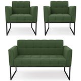 Sofá Namoradeira E 2 Poltronas Base Industrial Preto Ana Suede Verde - Ibiza