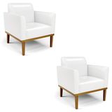 Poltrona Base Madeira Castanho Kit 2 Maressa Sintético Pu Branco - Ibiza