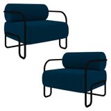Poltrona Decorativa Para Sala Industrial Kit 2 Kira K04 Veludo Azul - Mpozenato