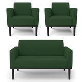 Sofá Namoradeira E 2 Poltronas Base Madeira Preto Maressa Veludo Verde - Ibiza