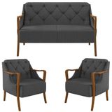 Kit Namoradeira 135cm E 2 Poltronas Decorativas Capitonê Lapa M22 Linho Cinza Escuro - Mpozenato