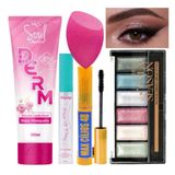 Kit De Maquiagem Esponja Gloss Batom Paleta De Sombra