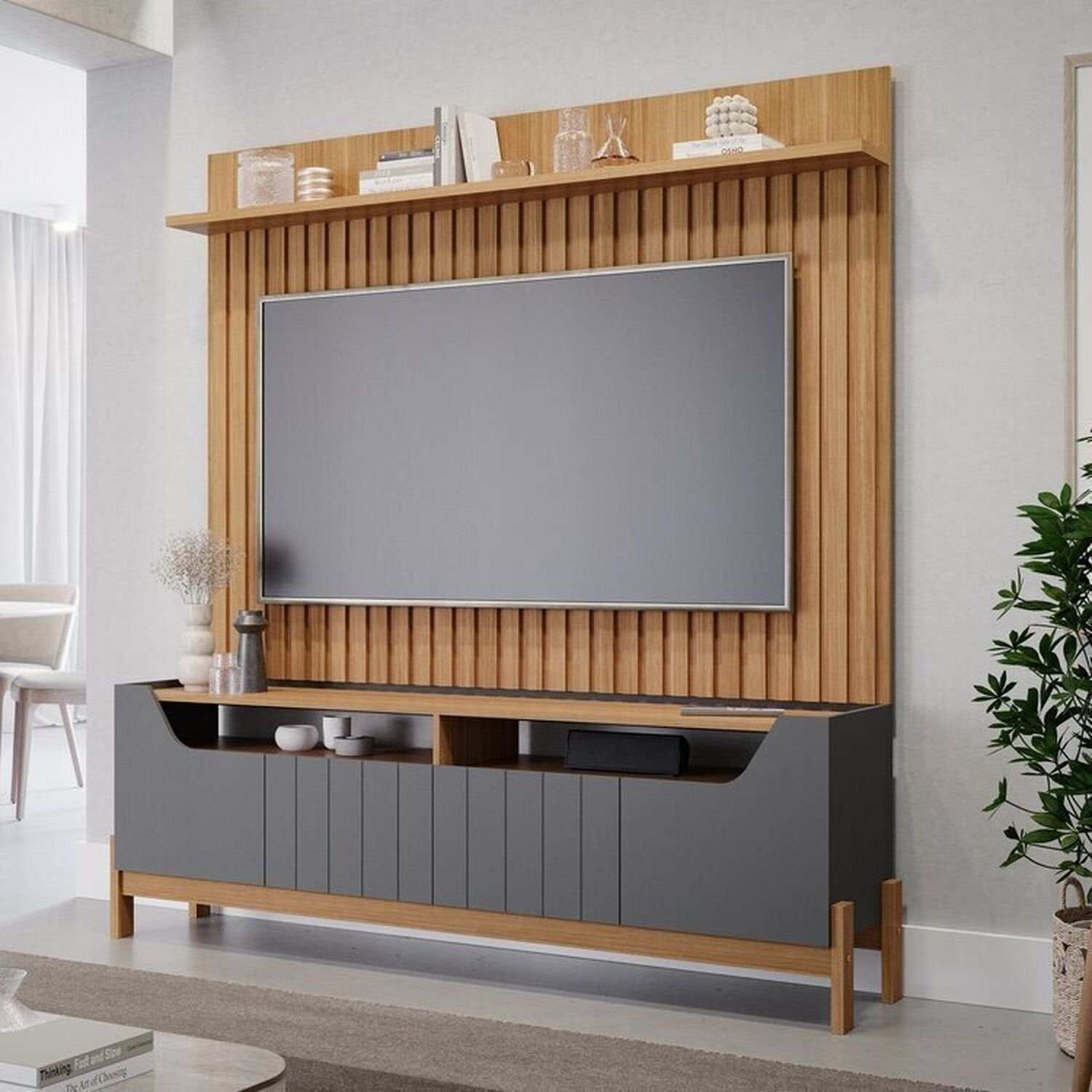 Rack Com Painel Ripado Para Tv Até 60 Polegadas 100% Mdf Moema Espresso Móveis Nature/grafite