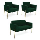 Namoradeira E 2 Poltronas Pé Ferro Dourado Marisa Bouclê Verde D03 - D&#39;rossi