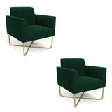 Poltrona Sala Base X Industrial Dourado Kit 2 Marisa Bouclê Verde D03 - D&#39;rossi