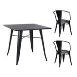 Mesa Tolix 80cm + 2 Cadeiras Com Braço Conjunto Industrial Preto Para Bar Ou Café