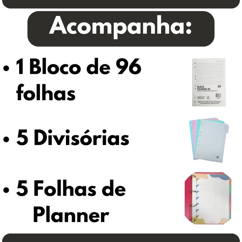 Fichário 4 Argolas Com Zíper Universal B5 Cristal Yes Bloco 96 Folhas 5 Divisórias E Planner Semanal - imagem 3