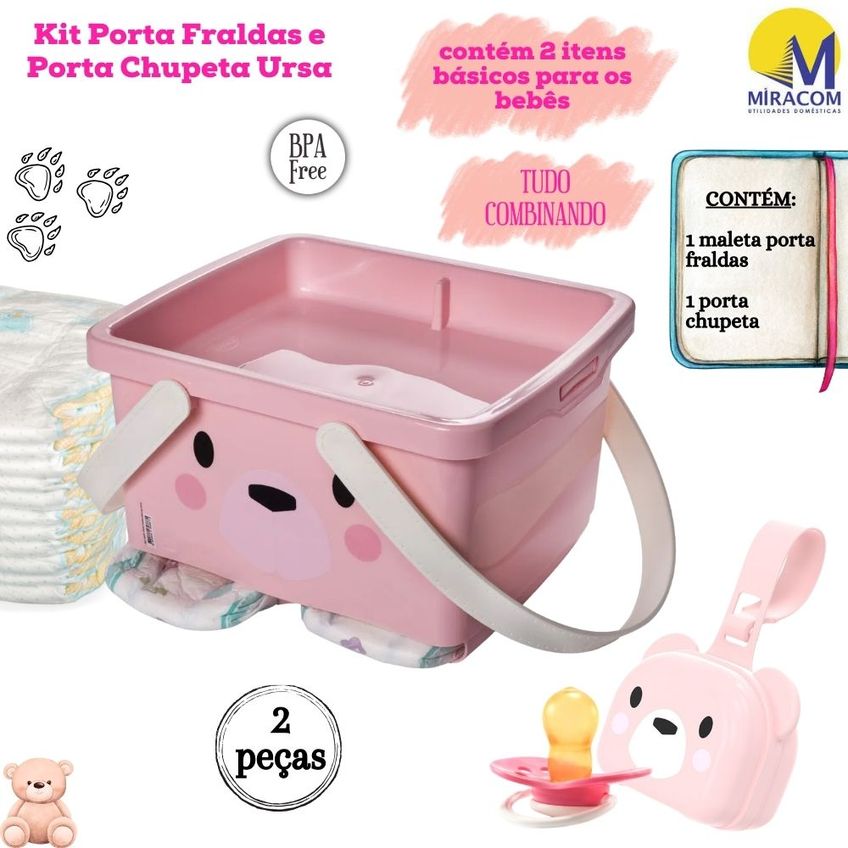 Kit Caixa Porta Fraldas Com Alça E Porta Chupetas Ursa Plasutil - imagem 2
