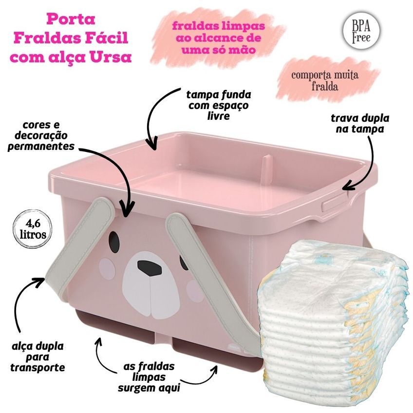 Kit Caixa Porta Fraldas Com Alça E Porta Lenço Umedecido Ursa Plasutil - imagem 3