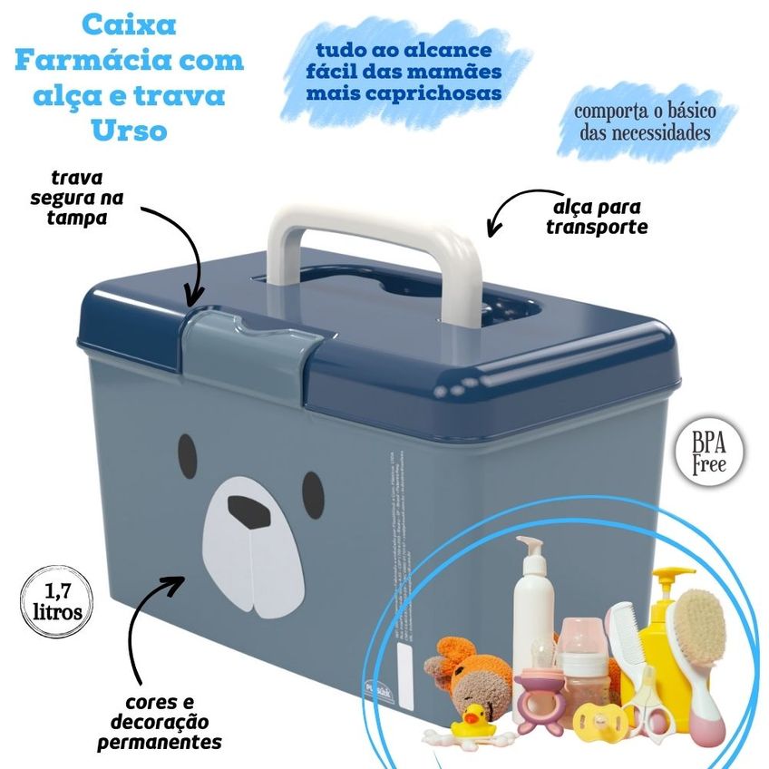 Kit Caixa Porta Fraldas Com Alça E Caixa Com Alça Urso Plasutil - imagem 4
