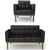 Sofá Namoradeira E 1 Poltrona Base Madeira Castanho Ana Sintético Pu Preto - Ibiza