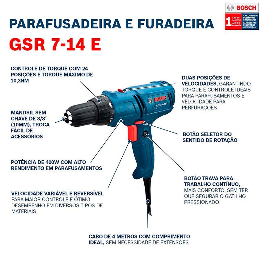 Parafusadeira E Furadeira Bosch Gsr 7-14 E 400w Cabo 4m 127v - imagem 5