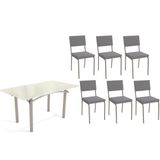 Sala De Jantar Completa Elba Tampo Madeirado C/ Vidro 160cm E 6 Cadeiras Zaria Niquel/off White - Suede Cinza - Kappesberg