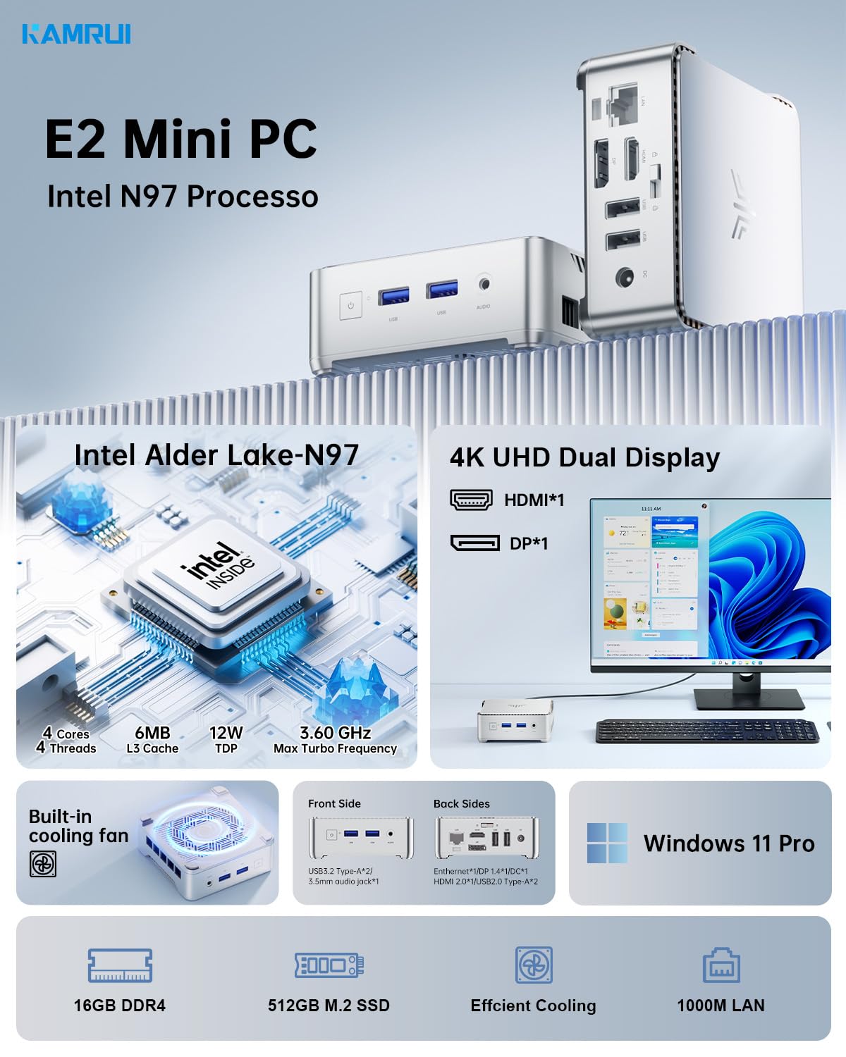 Mini Pc Kamrui E2 N97 Com Windows 11 Pro 16 Gb De Ram Ssd De 512