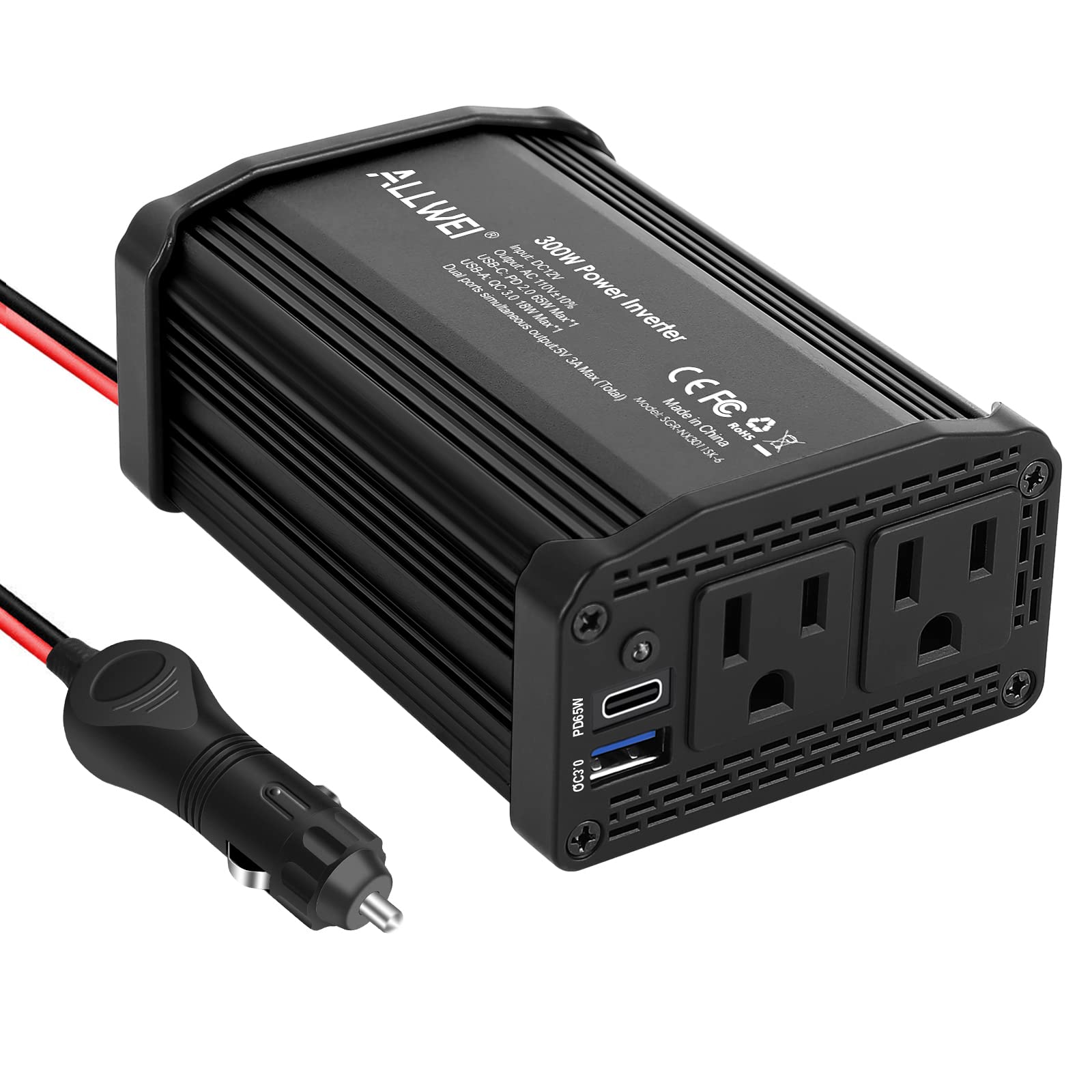 Inversor De Energia Para Carro Allwei 300w Dc 12v A 110v Ac Com Usb-c Pd65w