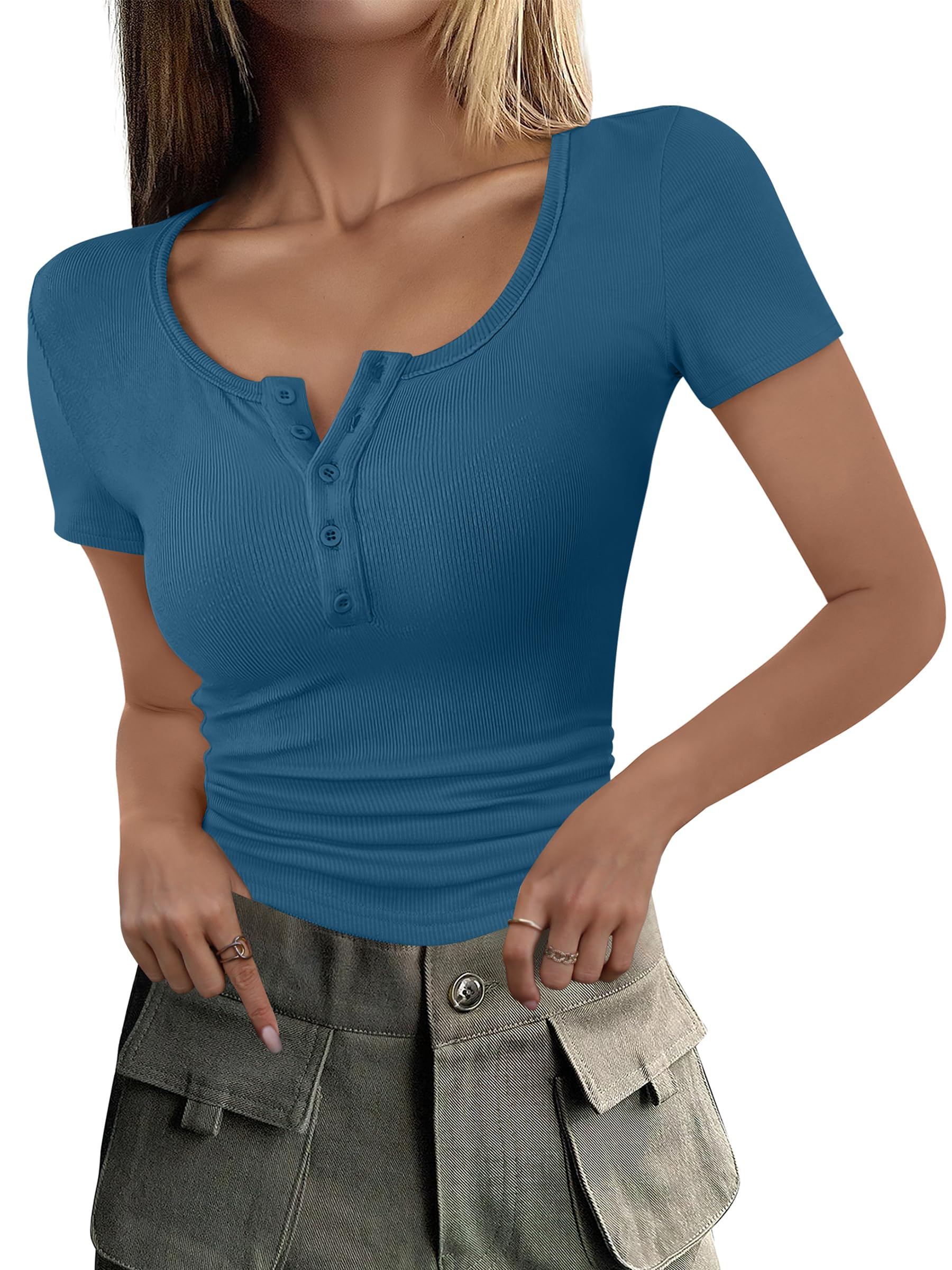 Camiseta Feminina Anrabess 2025 De Manga Curta Canelada Em Malha Índigo