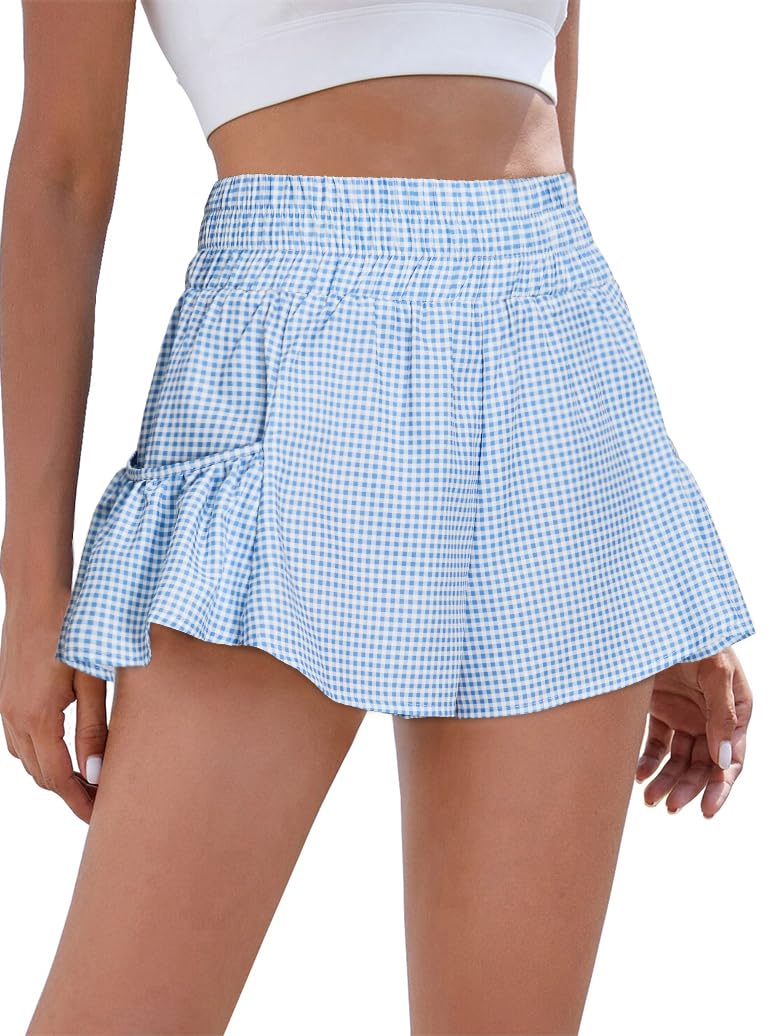 Shorts De Corrida Esportivos Bmjl Femininos Xadrez Com Bolsos Azuis