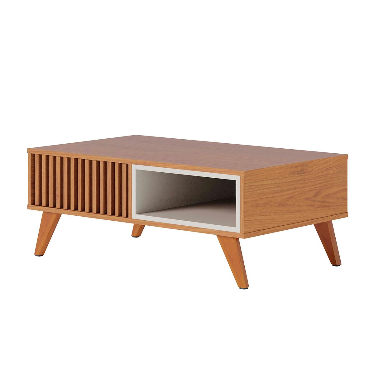 Mesa De Centro Jeri Sala Com Pés De Madeira Maciça Freijo/off White Matte