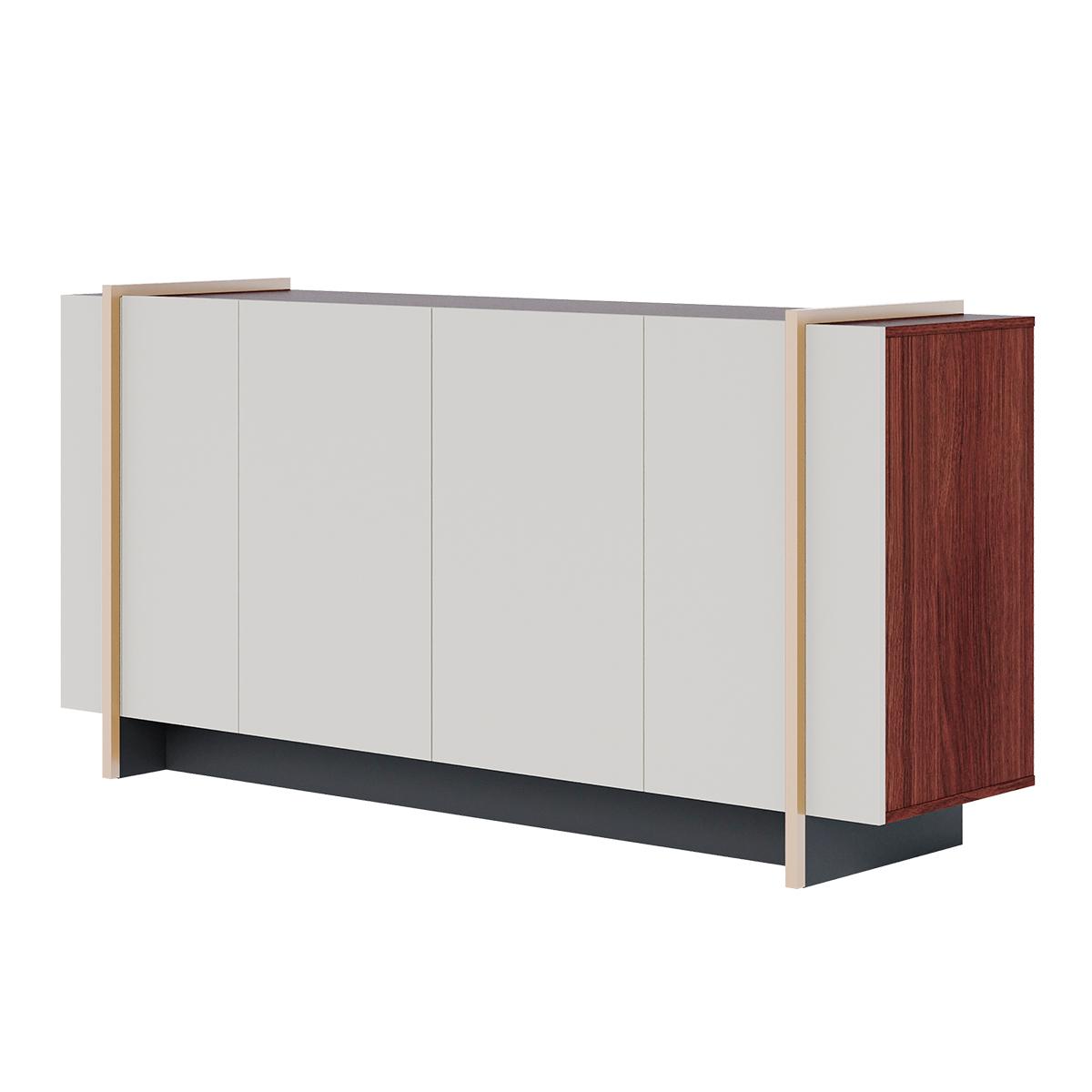 Aparador Buffet Copacabana 4 Portas E Detalhe Tubo Metálico Off White/nogueira/preto Fosco/dourado