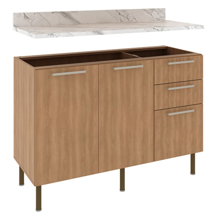 Balcao Com Tampo 120 Cm Mdp 2p 3g Marmore Branco Freijo Tecno Mobili