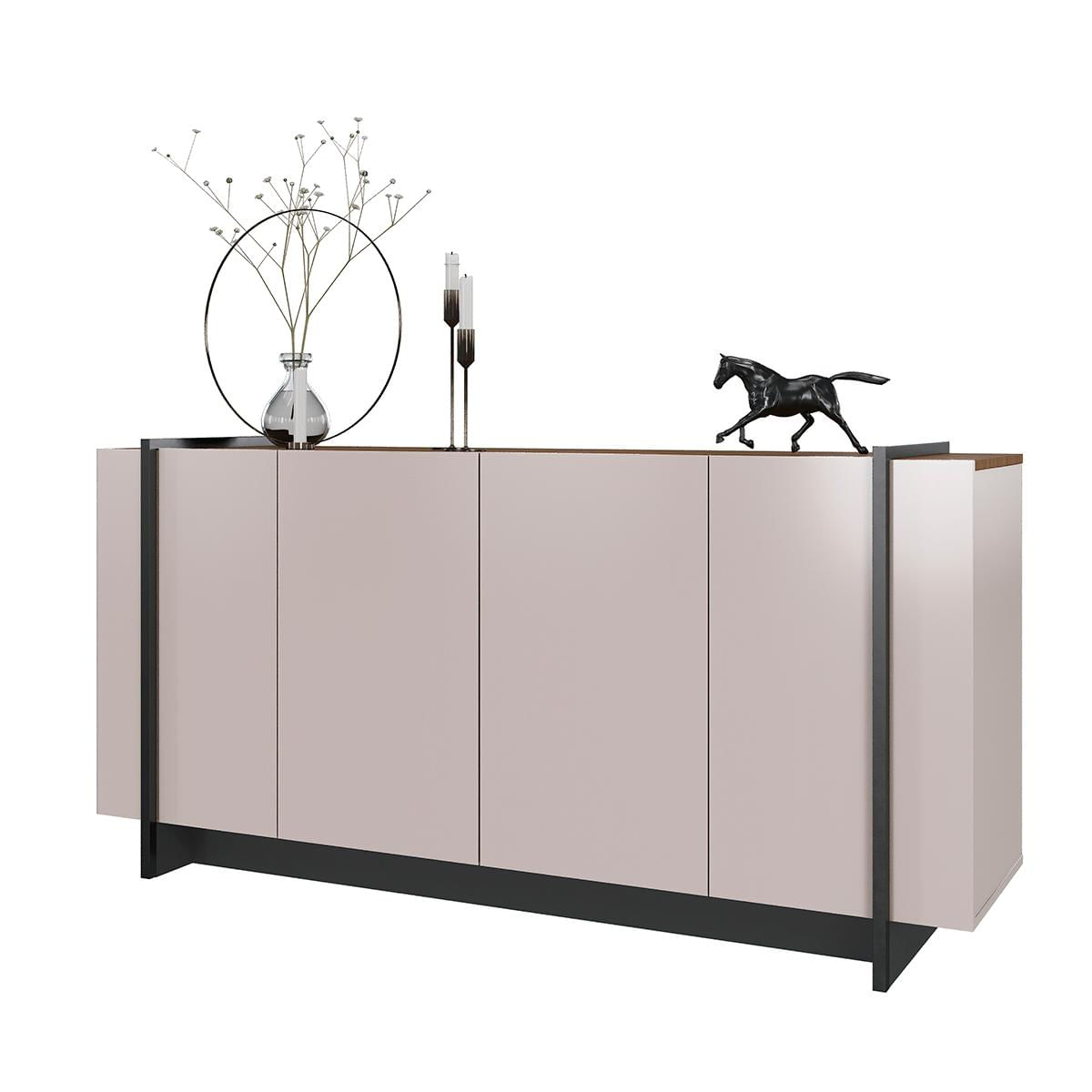 Aparador Buffet Copacabana 4 Portas E Detalhe Tubo Metálico Off White/nogueira/preto Fosco