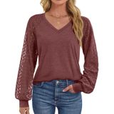 Camisa Feminina Athmile De Manga Comprida Com Decote Em V, Renda Vermelha Vinho