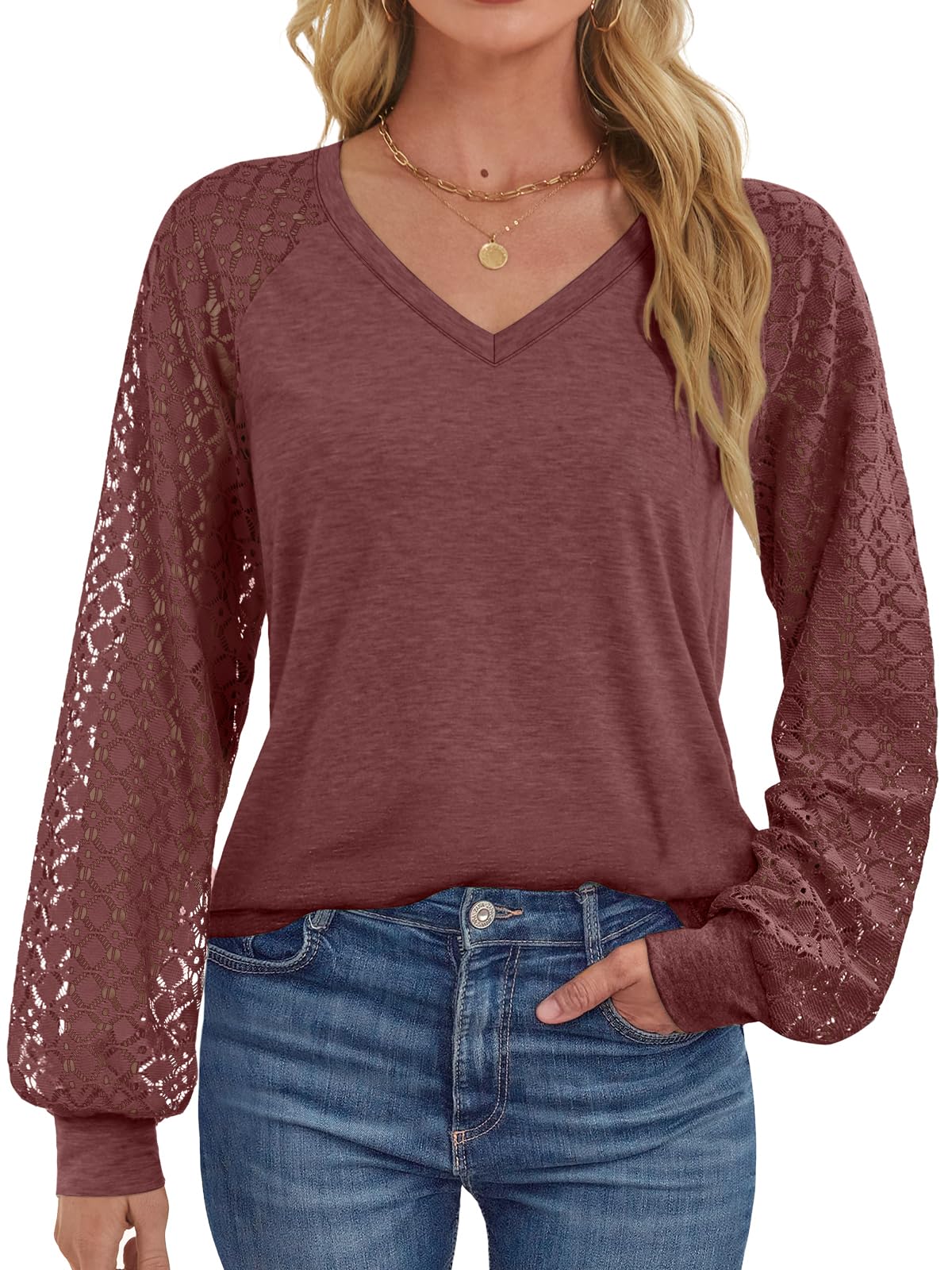 Camisa Feminina Athmile De Manga Comprida Com Decote Em V, Renda Vermelha Vinho