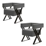 Kit 2 Poltrona Decorativa Mirela Pés Metal Estilo Industrial Linho Cinza