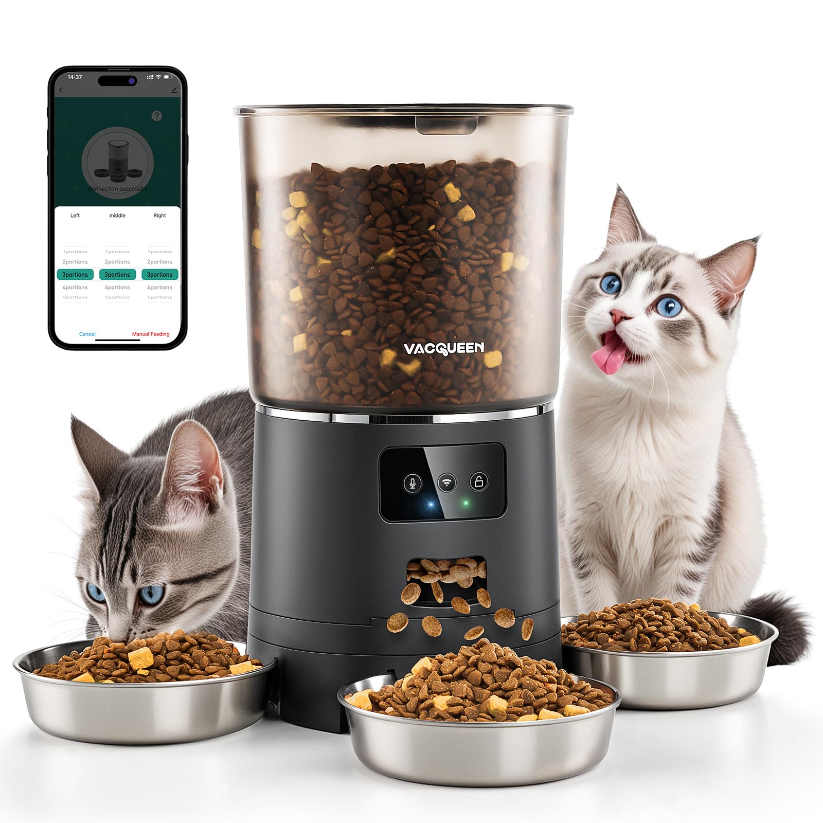 Alimentador Automático Para Gatos Vacqueen Para 3 Gatos 6l/6000ml Wifi Preto