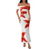 Vestido Maxi Feminino Merokeety Com Ombros Largos, Vermelho Floral
