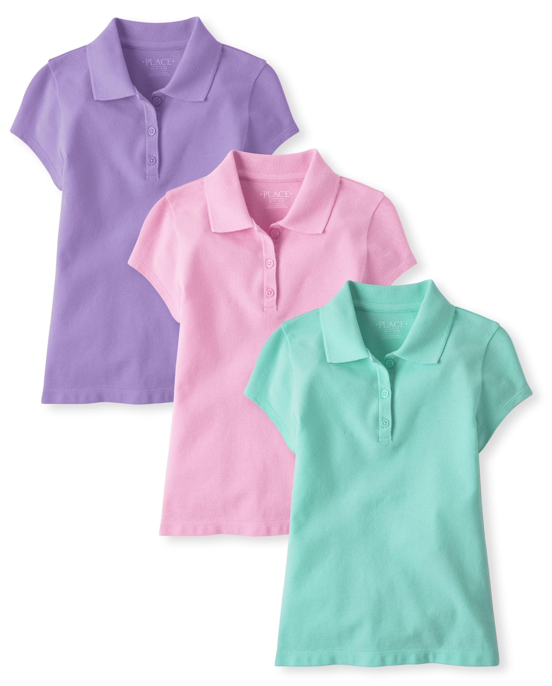Camisa Polo The Children's Place Girls, Pacote Com 3 Unidades, Seafrost/rosa/roxa