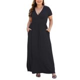 Vestido Maxi Cossen Feminino Plus Size Com Decote Em V Com Bolsos Preto
