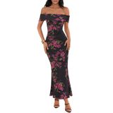 Vestido Maxi Feminino Merokeety, De Ombros Largos, Floral, Preto