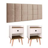 Kit 2 Mesinhas Decore Off/freijó Nicho Porta Objetos Pés Palito Cabeceira Suspensa Bia Cama Box King 1,95 Bege Suede - Lojas Rpm
