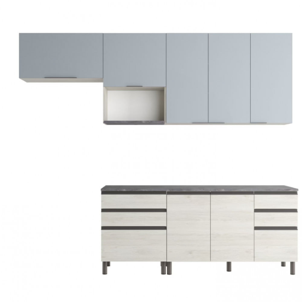 Cozinha Bartira Cristal Com 7 Portas, 6 Gavetas, 4 Prateleiras E Nicho Para Micro-ondas - 260cm De Largura