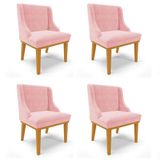 Kit 4 Cadeiras Estofadas Para Sala De Jantar Base Fixa De Madeira Castanho Lia Suede Rosa Bebê - Ibiza