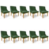 Kit 10 Cadeiras Estofadas Para Sala De Jantar Base Fixa De Madeira Castanho Lia Suede Verde - Ibiza