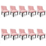 Kit 10 Cadeiras Estofadas Para Sala De Jantar Base Fixa De Madeira Preto Lia Suede Rosa Bebê - Ibiza