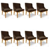Kit 8 Cadeiras Estofadas Para Sala De Jantar Base Fixa De Madeira Castanho Lia Suede Marrom - Ibiza