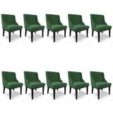 Kit 10 Cadeiras Estofadas Para Sala De Jantar Base Fixa De Madeira Preto Lia Veludo Verde - Ibiza