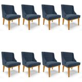 Kit 8 Cadeiras Estofadas Para Sala De Jantar Base Fixa De Madeira Castanho Lia Suede Azul Marinho - Ibiza