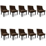Kit 10 Cadeiras Estofadas Para Sala De Jantar Base Fixa De Madeira Preto Lia Suede Marrom - Ibiza