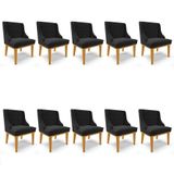 Kit 10 Cadeiras Estofadas Para Sala De Jantar Base Fixa De Madeira Castanho Lia Suede Preto - Ibiza